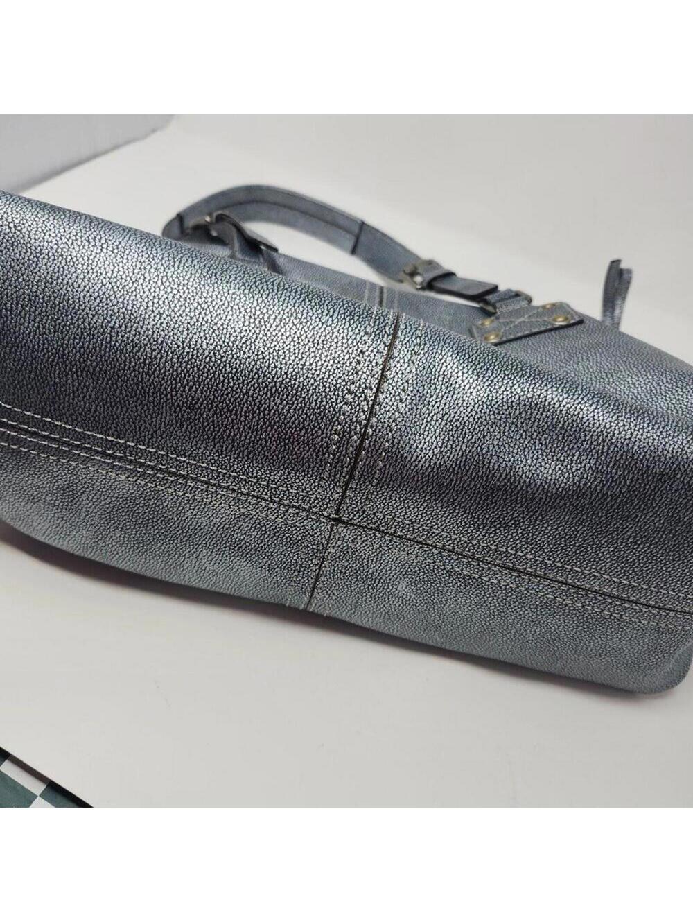 Hype Silver Metallic Double Handle Satchel Genuine Leather Bright Stripes Inside - Picture 2 of 7